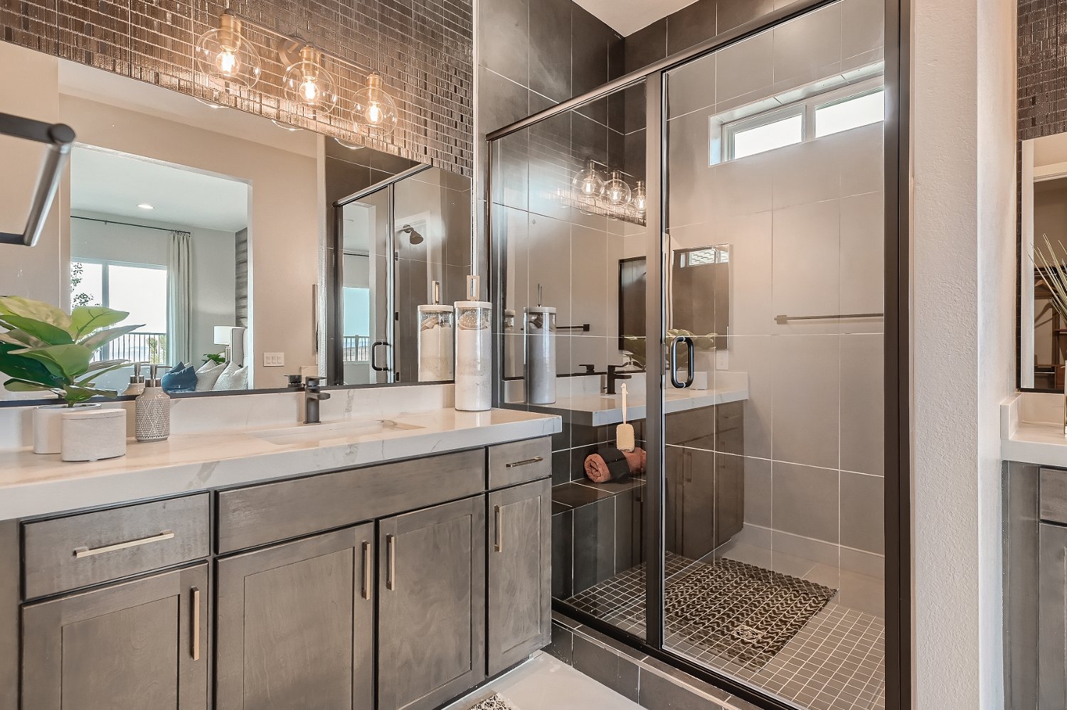 A bathroom with a glass shower.