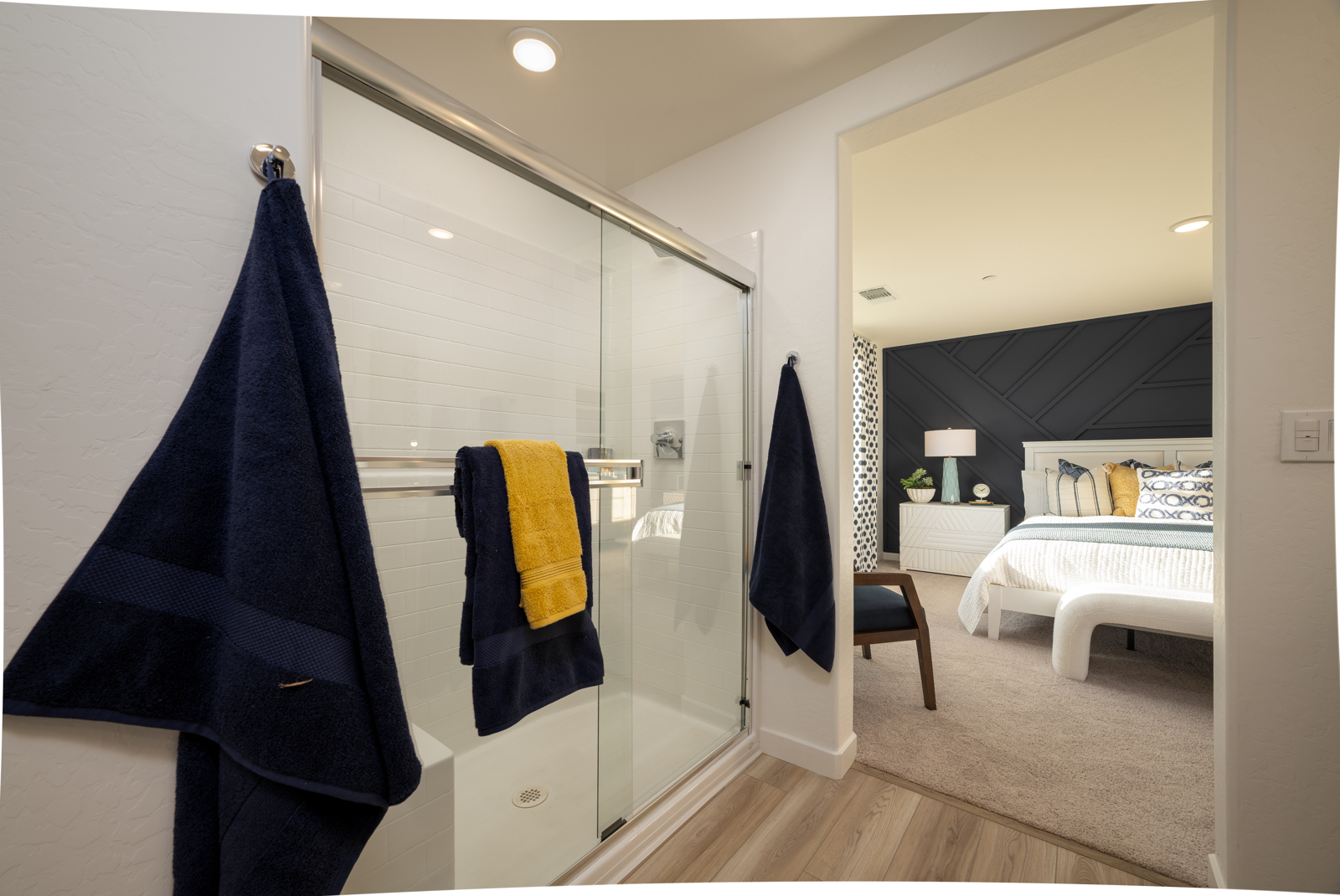 A bathroom with a glass shower.