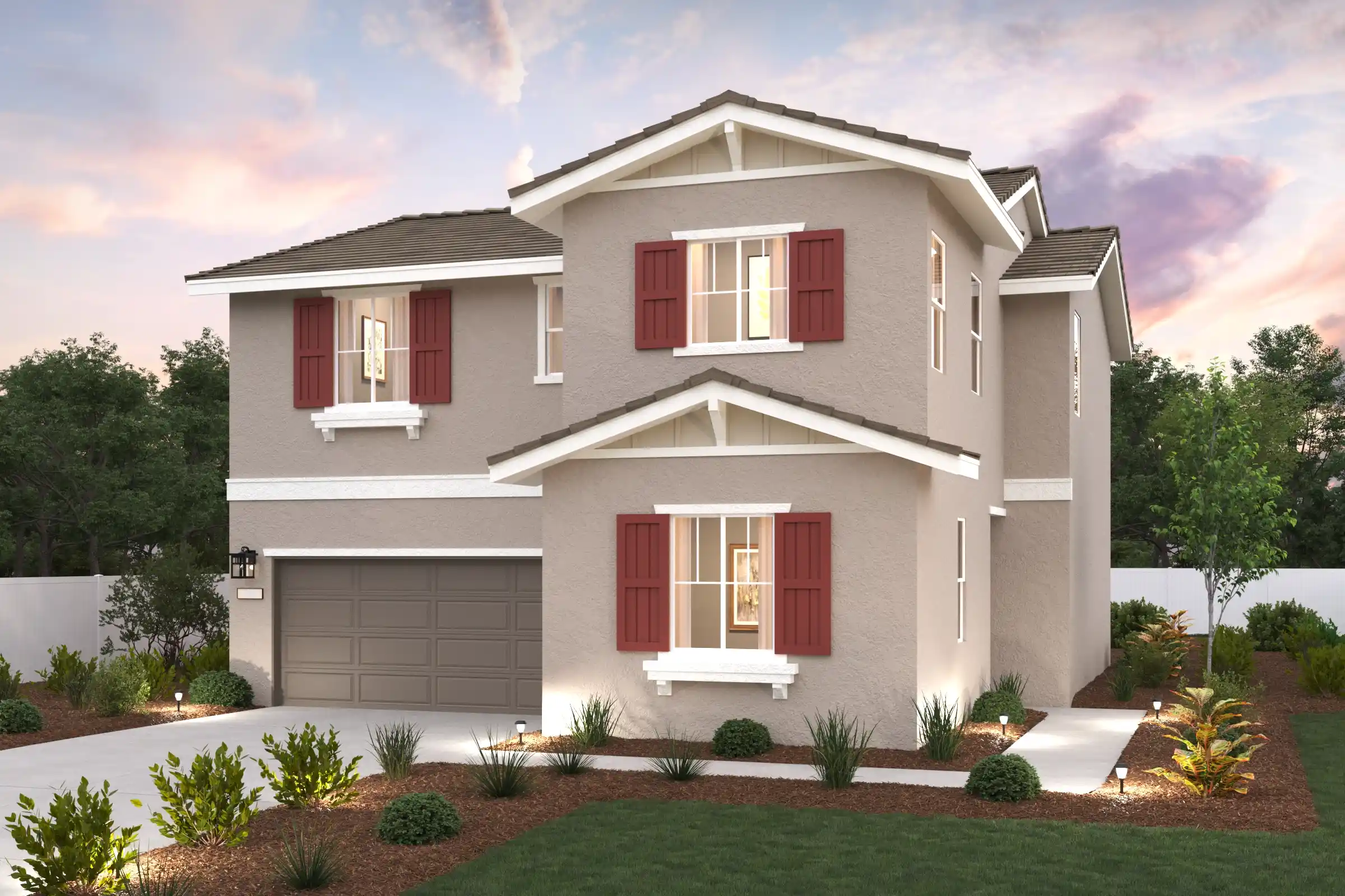 A white house with red shutters.