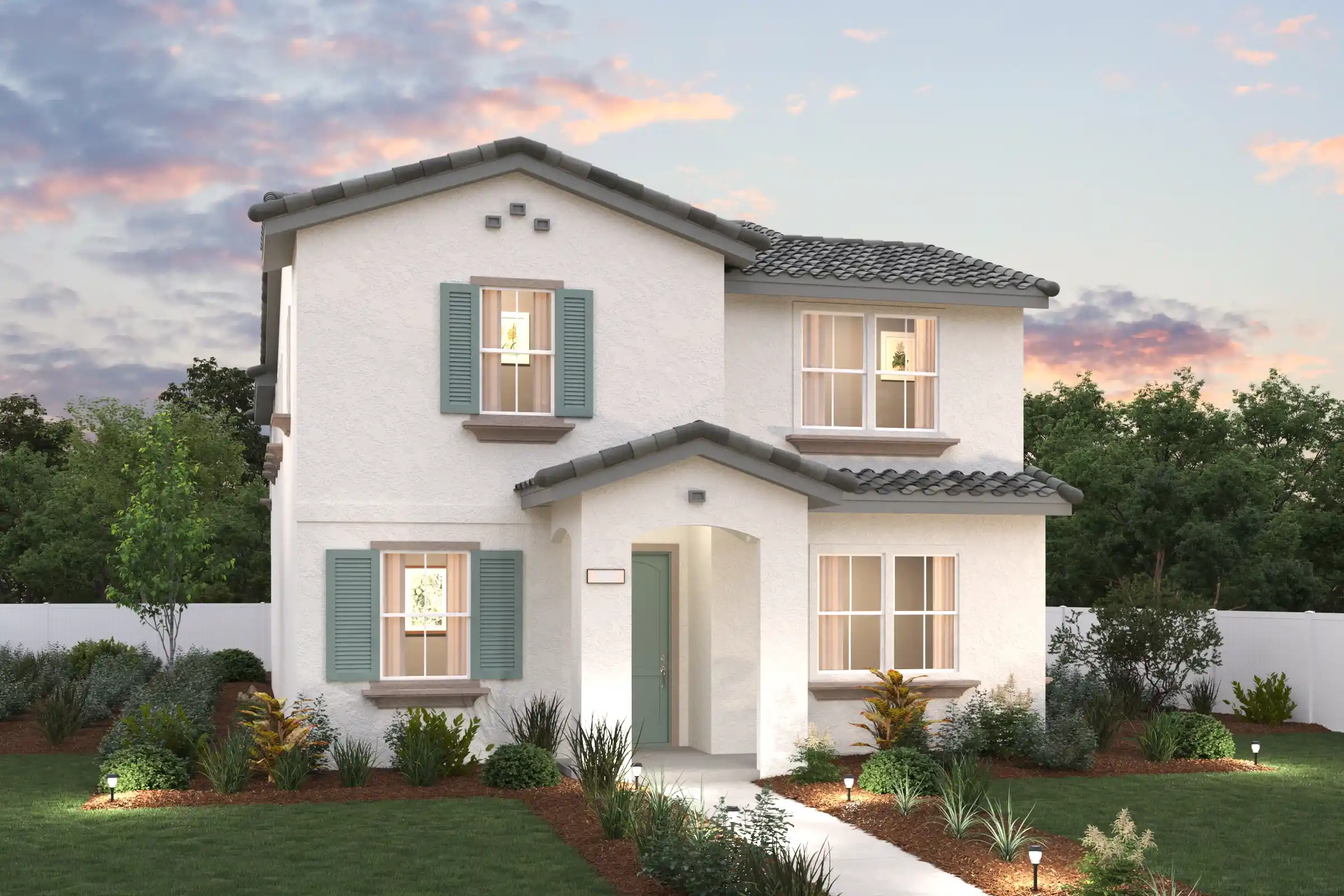 A white house with green shutters.