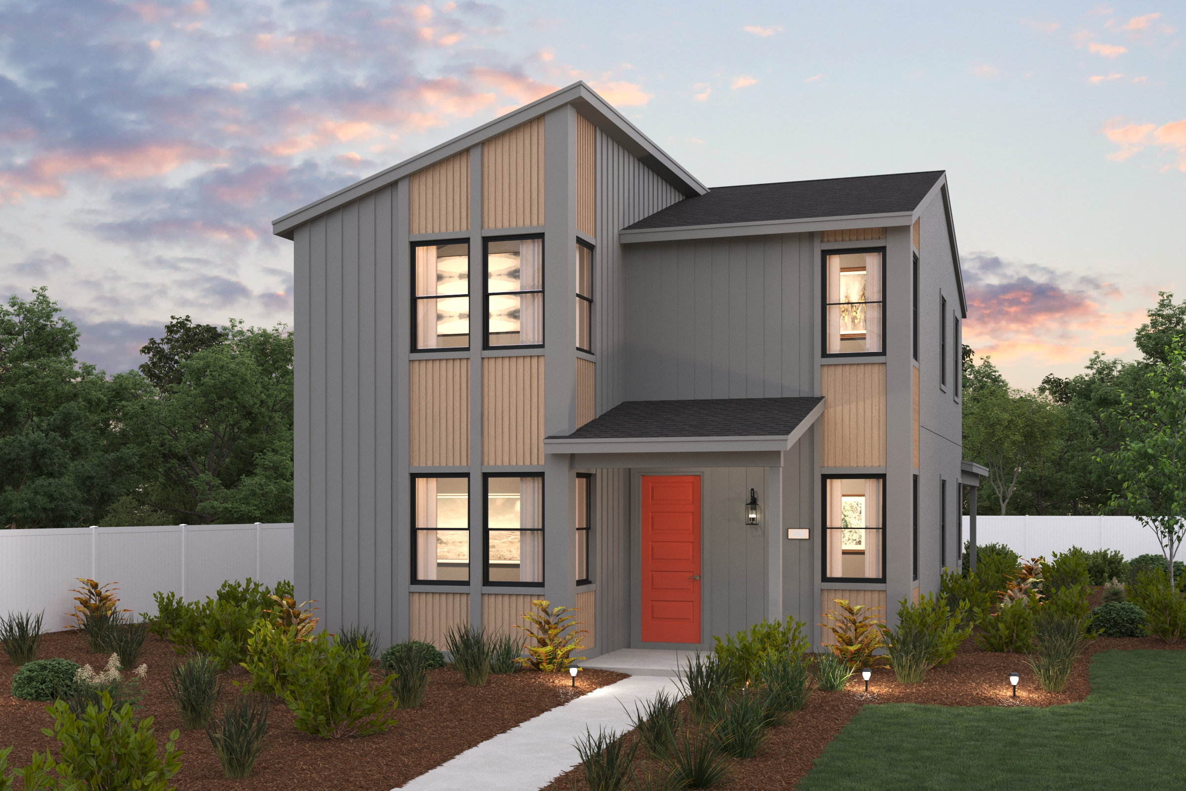 A house with a red door.