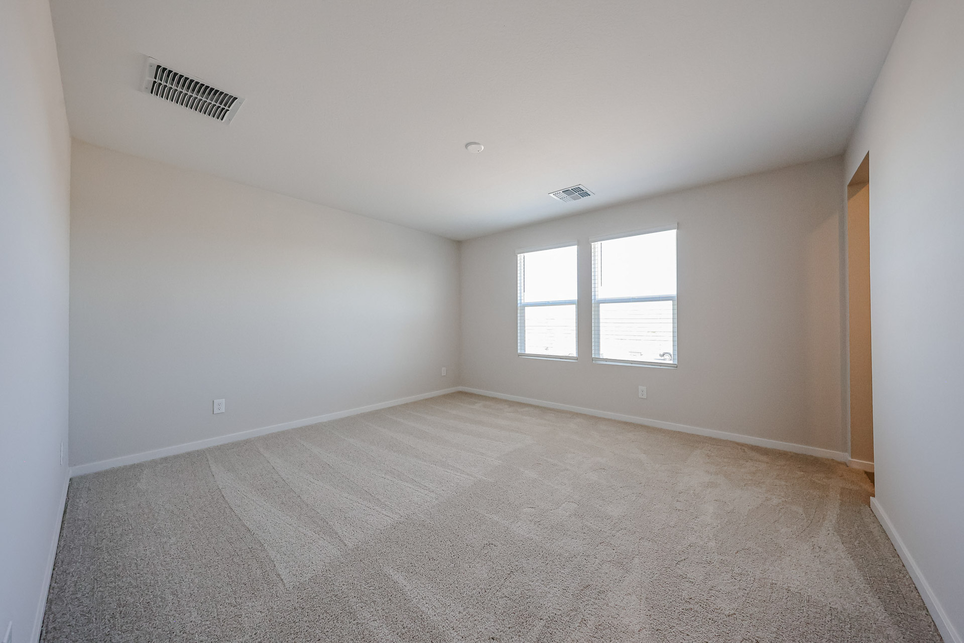 A room with a carpet and windows.