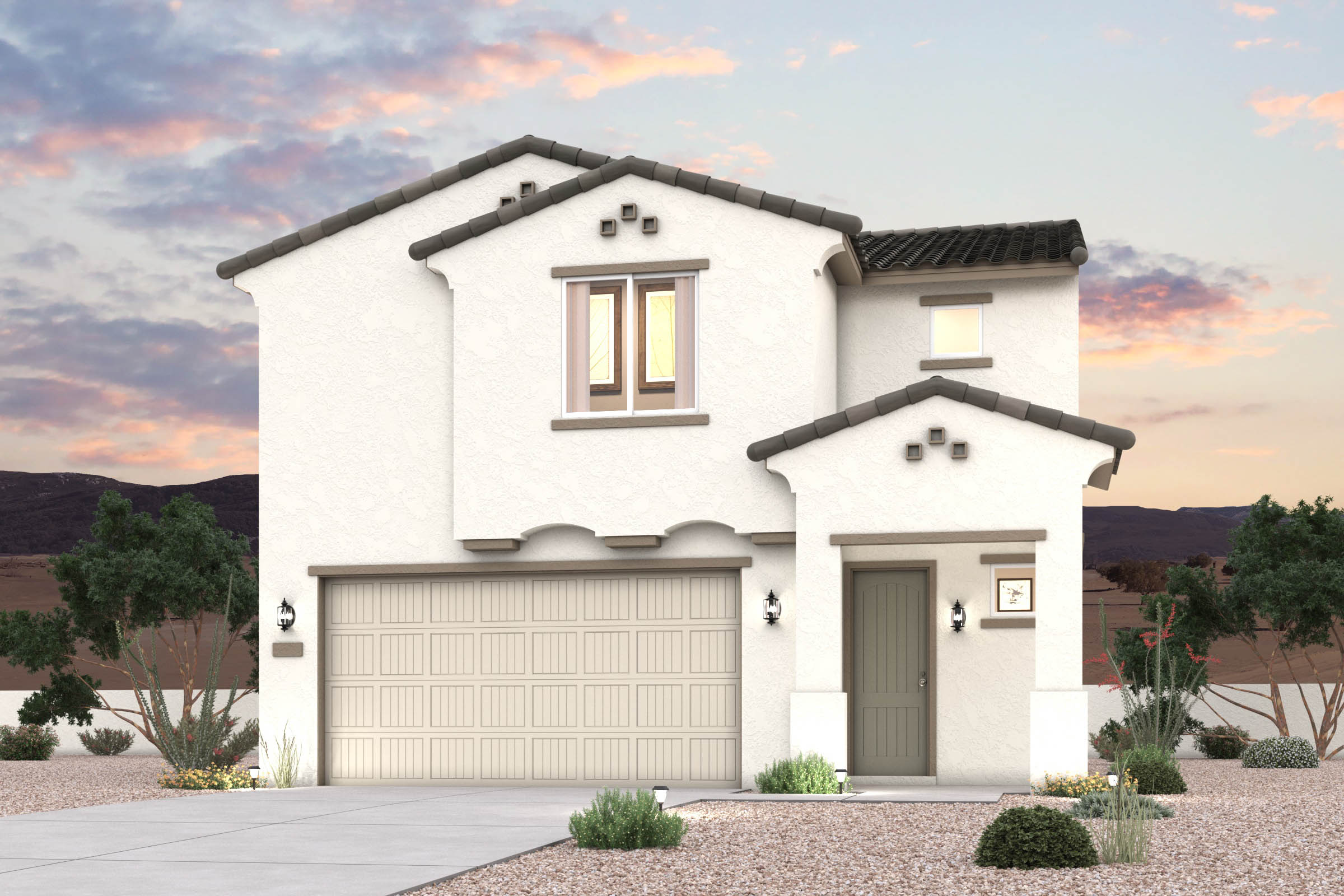 Twilight rendering of front of new home for sale in San Tan Valley, AZ at Skyline Village the Highlands Collection by Century Communities with 2 car garage.