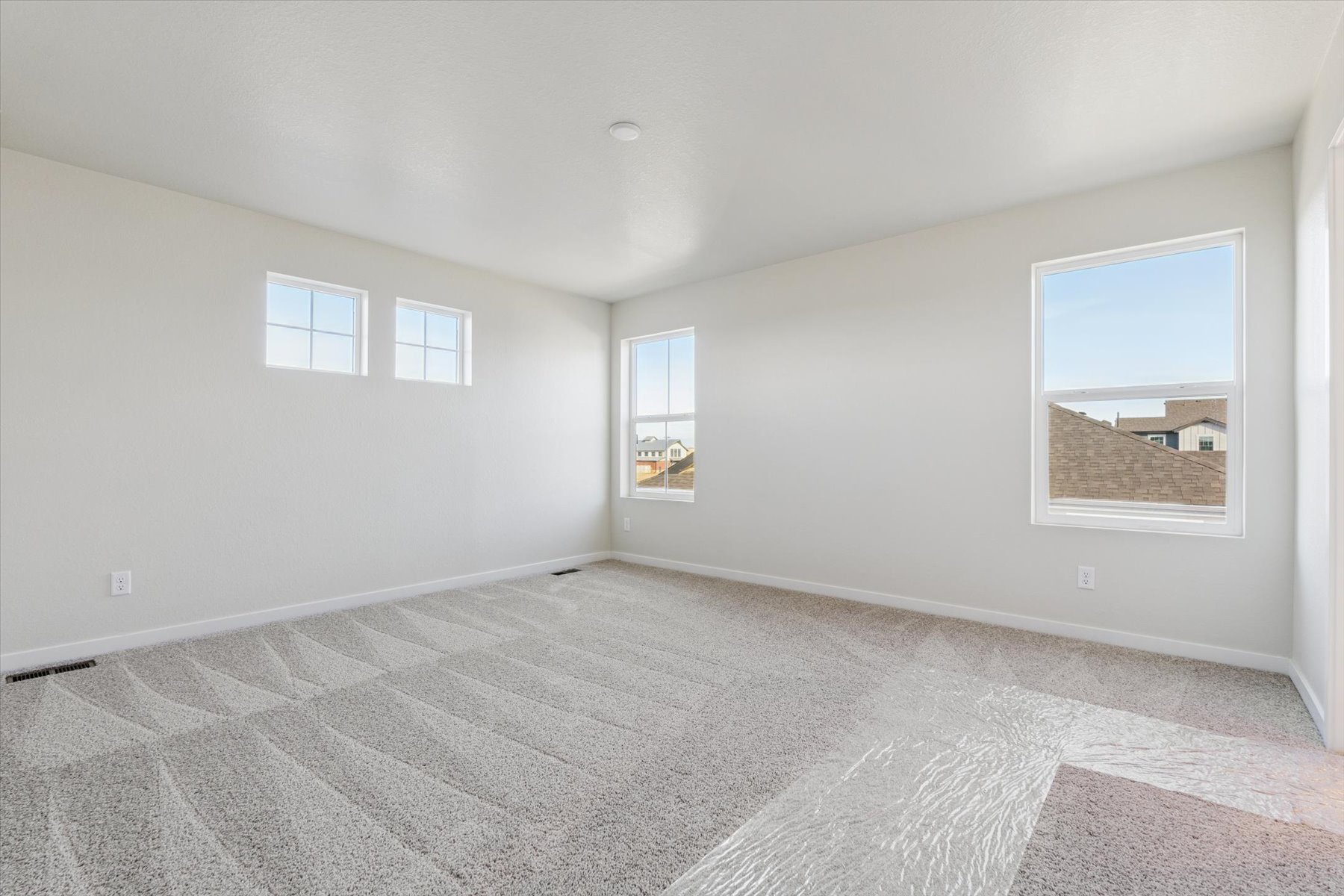 A room with a carpet and windows.