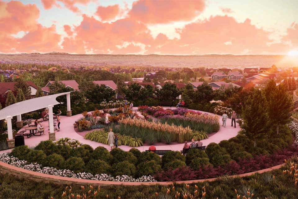 A landscape with trees and buildings.