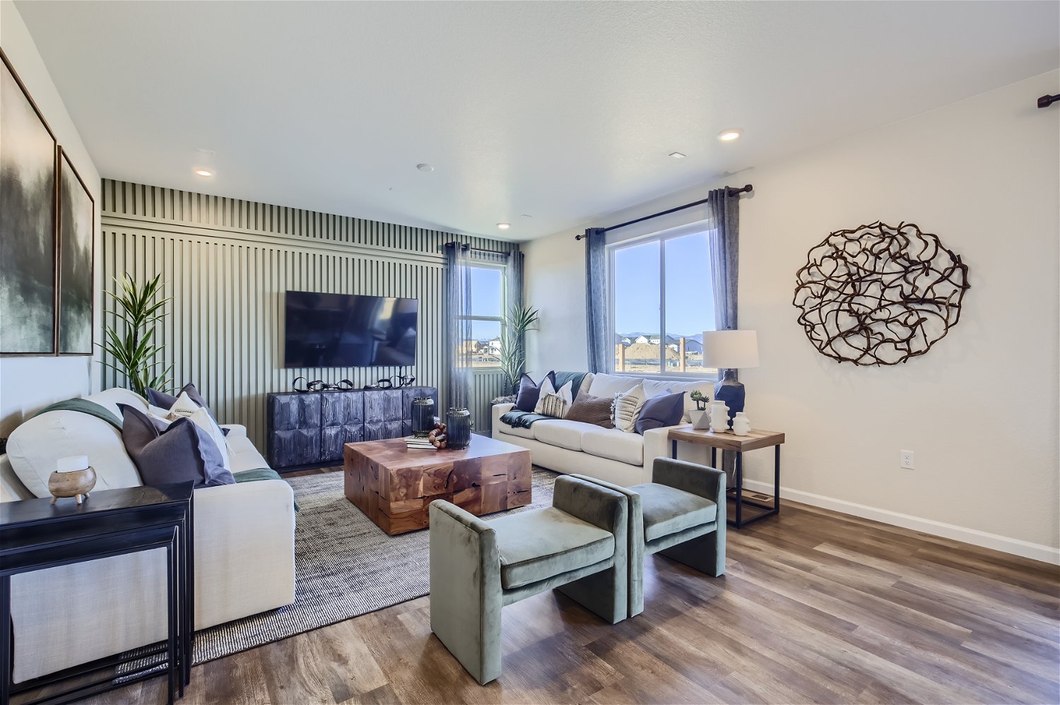 A living room with a fireplace.