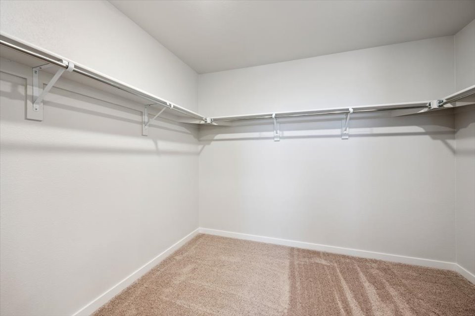 A room with a carpet and a metal railing.