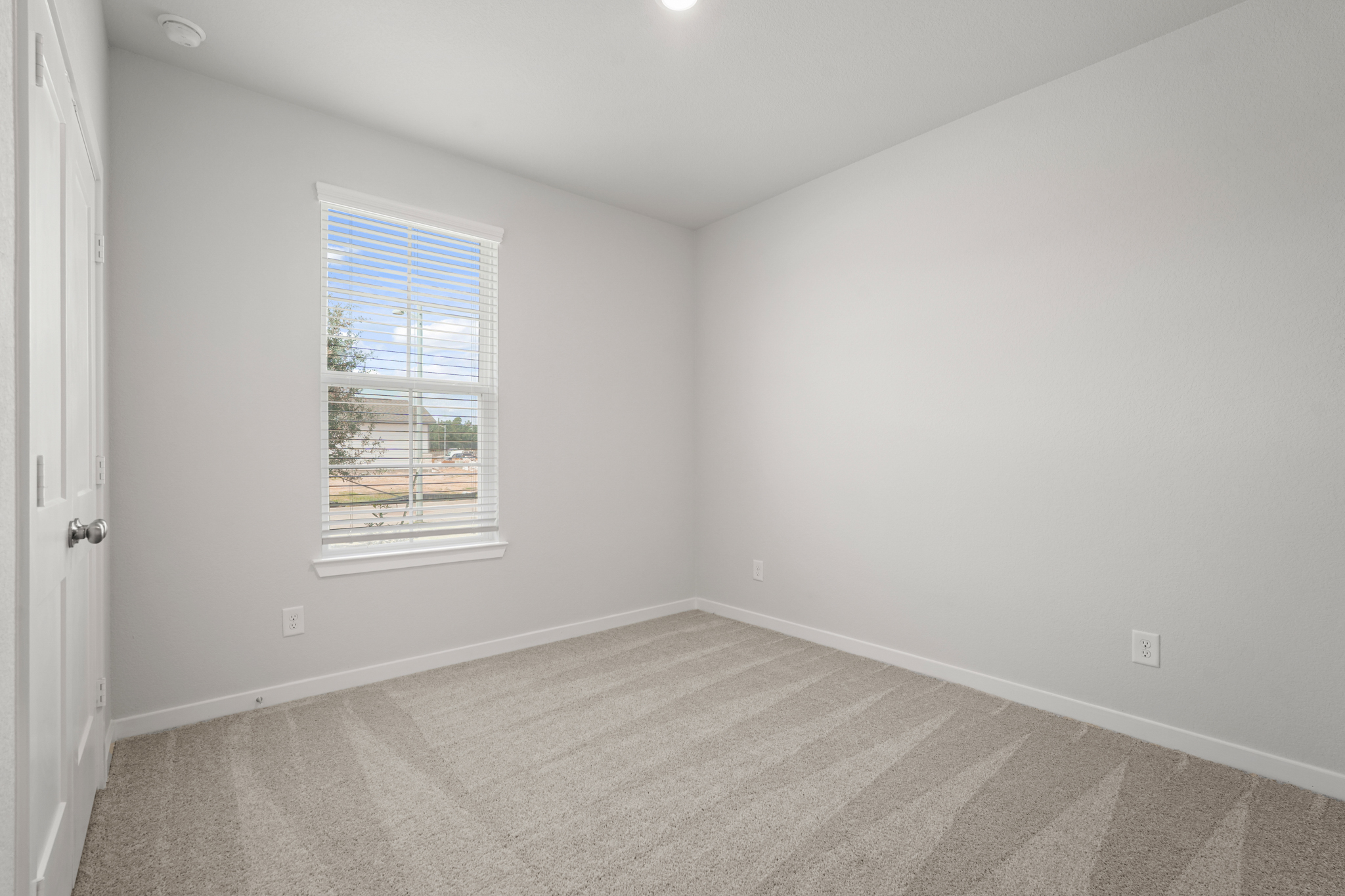 A room with a window and a rug.