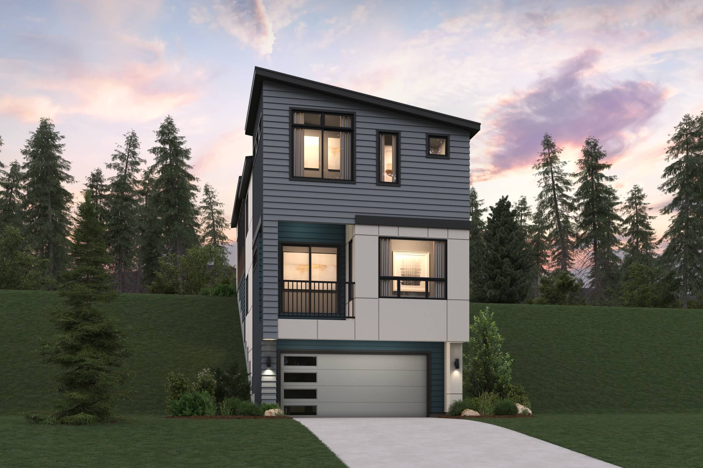 A house with a garage and trees around it.