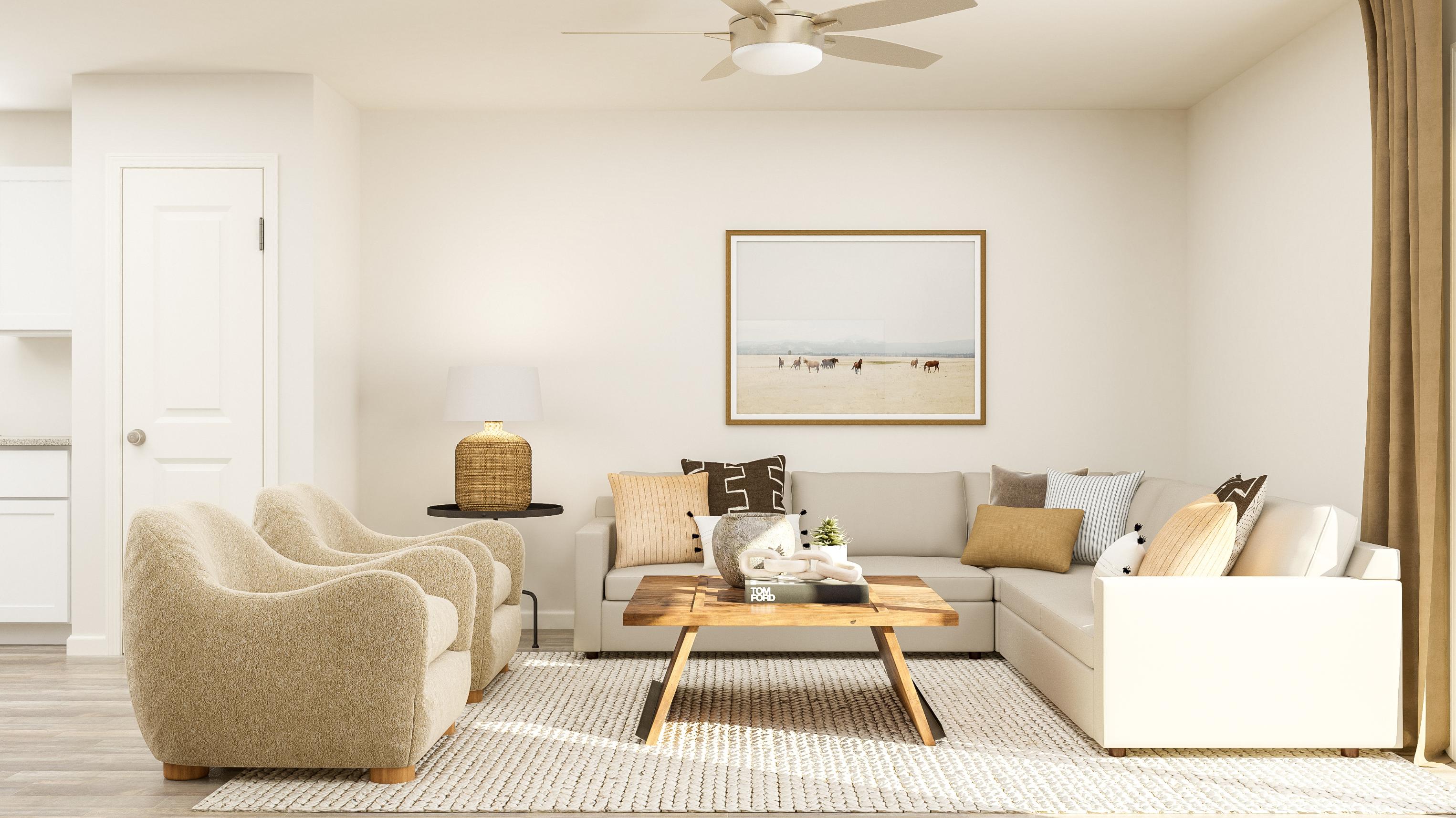 A living room with a couch and a table.